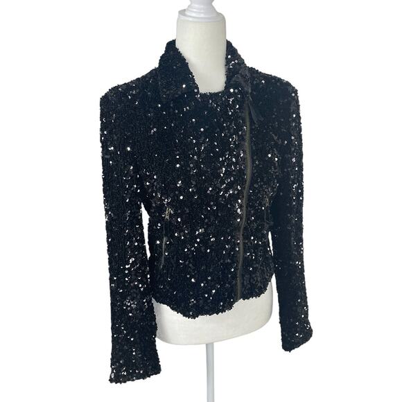 Anthropologie Maeve Sequined Bomber Moto Jacket Black Sz Small Holiday Party NEW - Picture 4 of 13